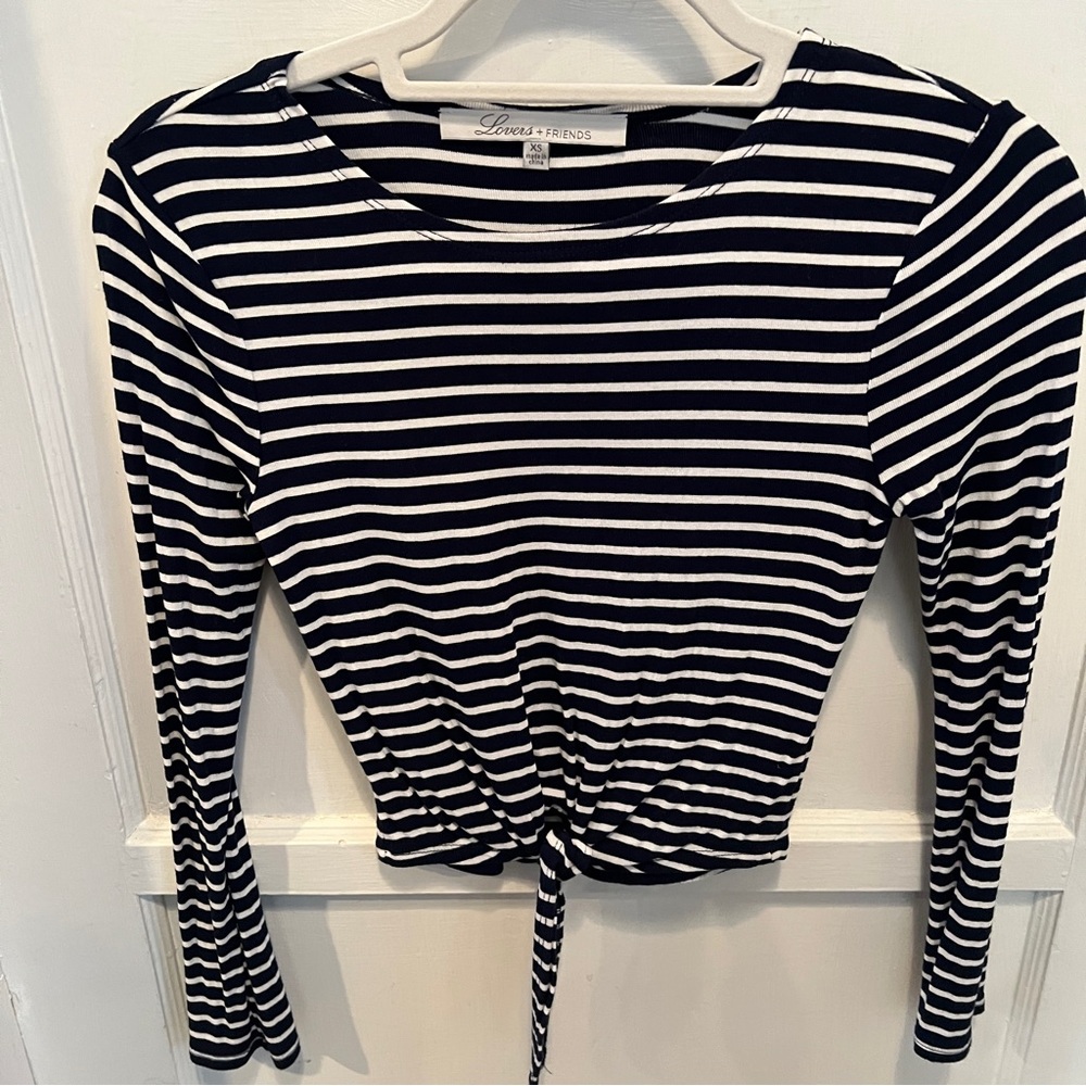 Navy and white striped cropped top with tie front
